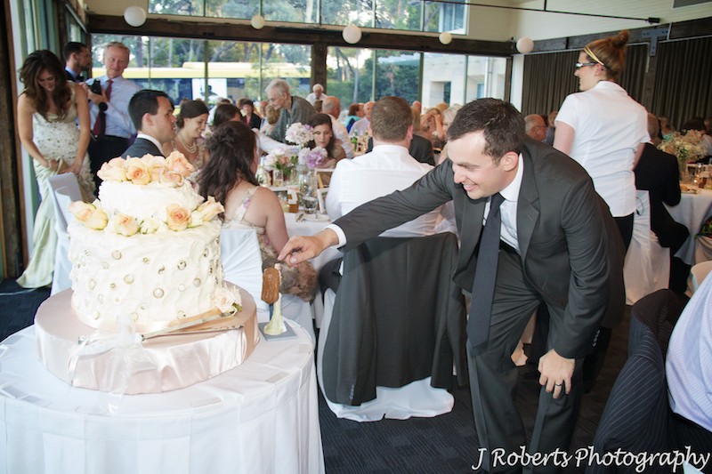 Groom playing with bobble head figurines on wedding cake - wedding photography sydney